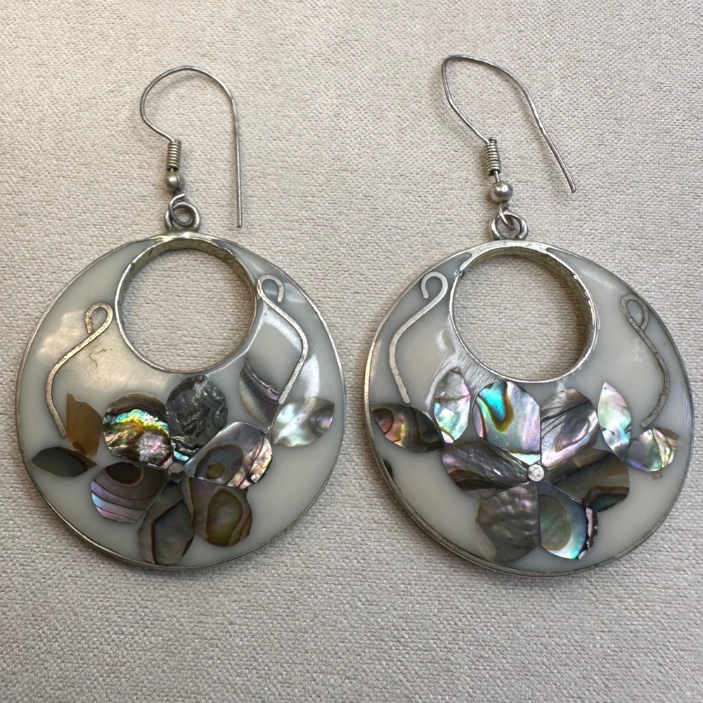 Alpaca Mexico Women Earrings Silver Abalone Shell Floral Inlay Boho Vintage